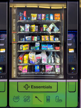 LAS VEGAS, NV, APR 28, 2026: Interior stock of a travel wellness vending machine, densely packed with medicines, personal care items, and health essentials