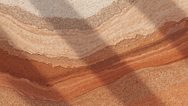 Natural limestone rock surface showing detailed earth tone sedimentary layers with beautiful sunlight shadows cast across the textured stone background