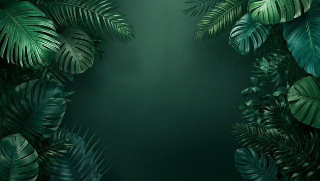 Lush tropical palm leaves frame a deep dark green background creating an elegant natural border for sophisticated organic creative designs
