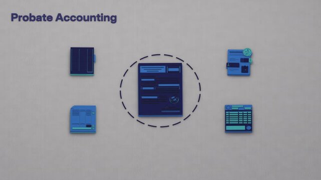 Probate accounting focuses on each filing in turn as the estate inventory and creditor claims are reconciled before the final distribution order closes the estate. Flat 3D style with an English title