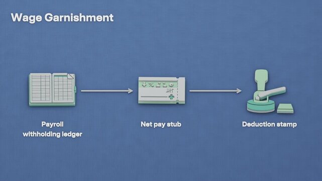 Payroll receives a garnishment order, withholds the required amount from wages, and sends the remittance packet. Flat 3D style with English labels.