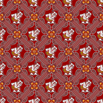 Traditional Banyumas batik seamless pattern vector featuring Bawor wayang character in geometric ceplok grid on red background.