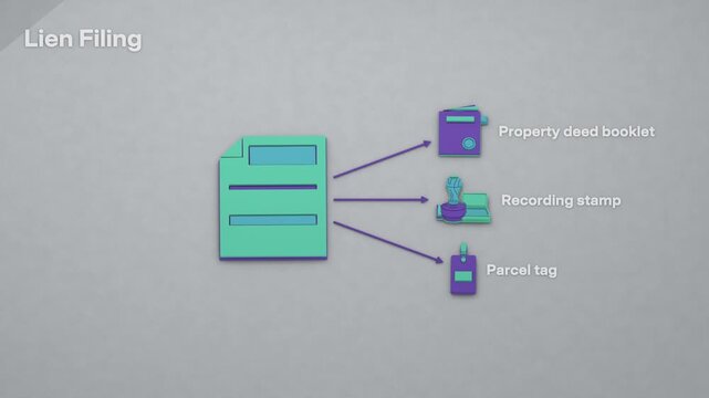 Recording a lien notice creates a registry entry, marks the property deed with an encumbrance, and leaves the release pending in the file. Flat 3D style with English labels.