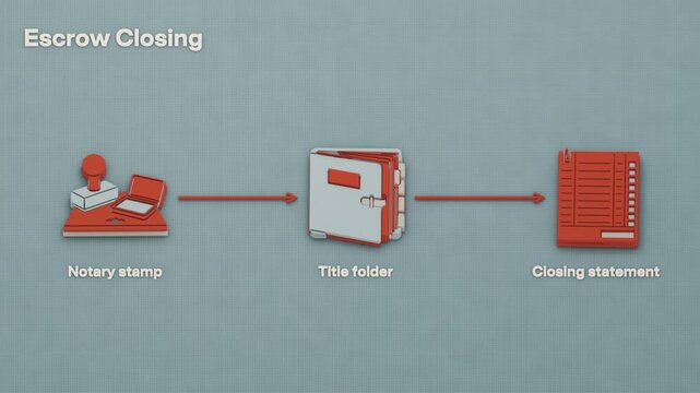 Escrow closing proceeds from the earnest deposit through notarization of the papers to release of the deed and keys. Flat 3D style with English labels.