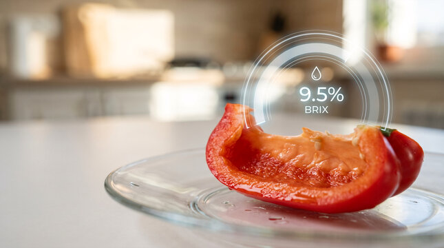 Red bell pepper slice with digital BRIX measurement overlay in kitchen