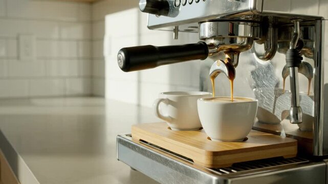 Espresso machine pours coffee into white cups on wooden tray in modern kitchen setting