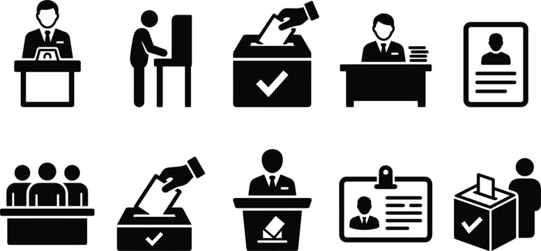 Election voting icon collection featuring ballots, polling booths, voters, ballot boxes, candidate desks and identification cards