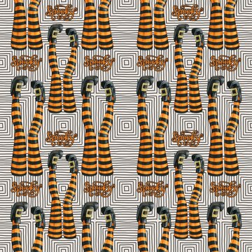 Halloween seamless pattern with striped witch legs and spooky lettering 