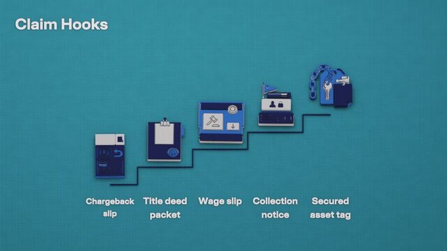 Stepped stages trace chargeback reversal, liens on title, wage garnishment and collection demands through to secured assets. Flat 3D style with English labels.
