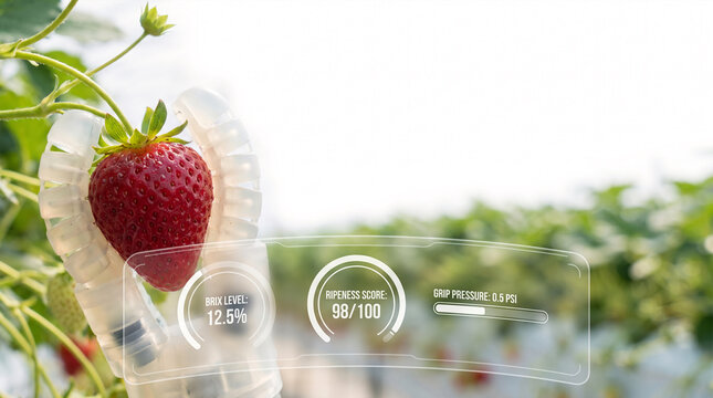 Robotic hand analyzing strawberry ripeness and Brix level in a greenhouse