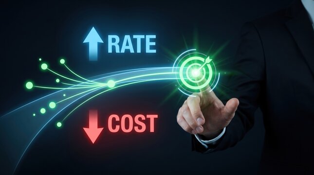 Businessman's finger touches glowing digital interface showing upward rate and downward cost arrows during business growth