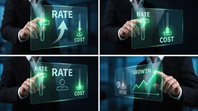 Businessman's hand adjusts digital interface showing cost reduction and growth metrics with upward trend graph