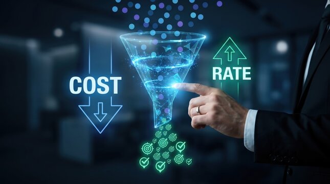 Businessman's hand interacting with a digital funnel symbolizing cost reduction and rate increase during business analytics