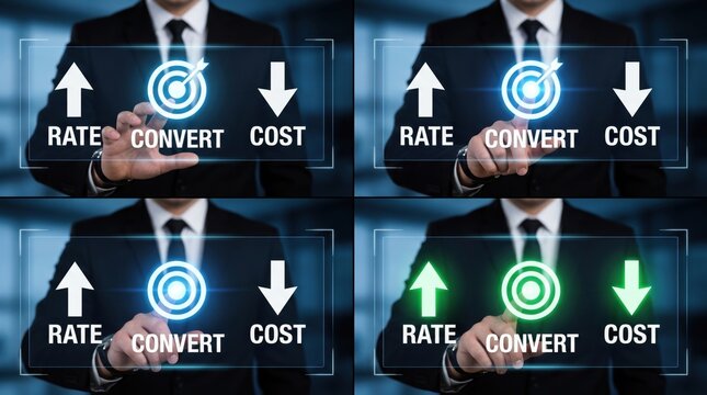 Businessman's hand interacting with glowing digital interface showing rate convert cost metrics with up and down arrows
