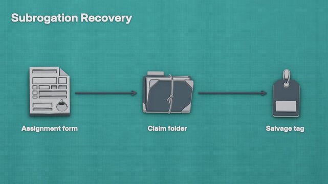 After paying a loss, the insurer assigns subrogation rights and forwards the recovery claim to the liable third party. Flat 3D style with English labels.