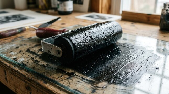 Close-up of a printing roller with black ink on a wooden surface.