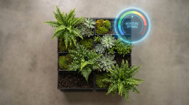 Vertical garden with plants and digital moisture gauge showing optimal conditions