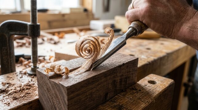 Close-up of a woodworkers hand using a chisel to carve wood.