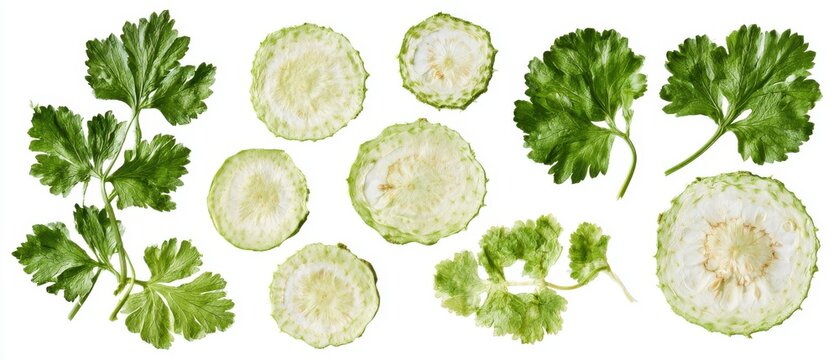 Collection of pressed celeriac root cross-sections and celery-like leaves, pure white background