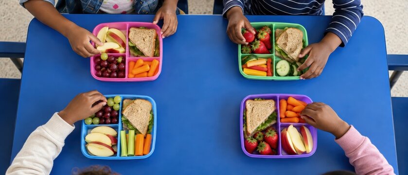 four school children eating sandwiches, fruit and vegetables from colorful bento boxes at a blue cafeteria table