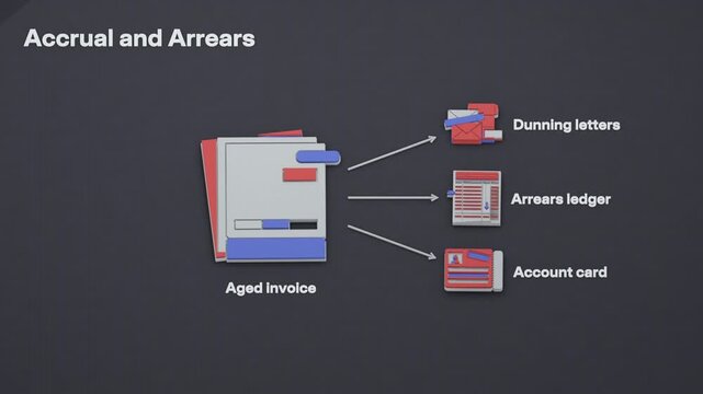 An unpaid invoice ages into arrears, prompting dunning letters, ledger entries and debtor account updates ahead of reconciliation. Flat 3D style with English labels.