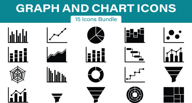 Graph and Chart Solid Black Silhouette Set of 15 Data Analytics Vector Icons