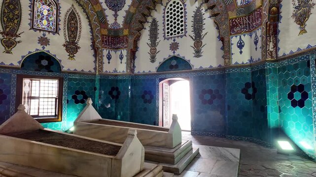 A view of the Cem Sultan Tomb in the city of Bursa, Turkey. It is renowned for its tiles and hand-painted ornamental decorations.