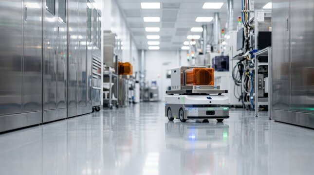 Automated wafer transport robot moving through a cleanroom aisle with stainless cabinets and polished floor reflections.