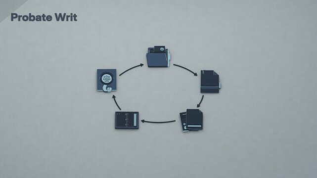A probate file opens, a covenant breach is recorded in the contract, and a garnishment writ redirects the estate payout through a standing procedure. Flat 3D style with an English title card.