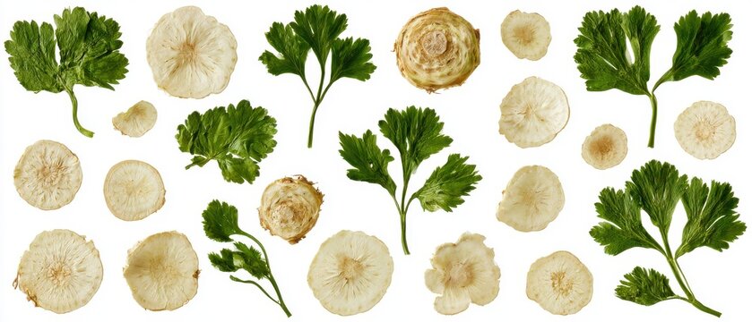 Collection of pressed celeriac root cross-sections and celery-like leaves, pure white background