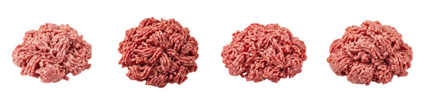 Fresh Raw Minced Beef Meat Piles Isolated on White Background Stock Photo Set