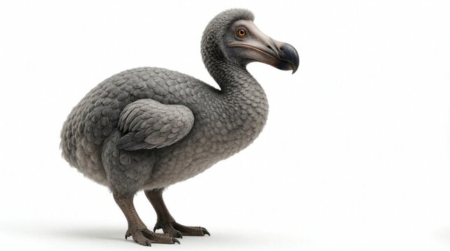 Dodo bird reconstruction stands on white background. This extinct flightless bird had short legs thick body and large head. Its gray feathers and curved beak are visible.