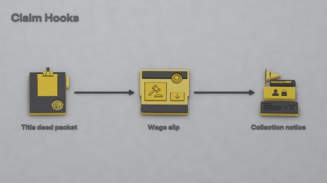 Claim enforcement spans a lien on title, an order garnishing wages and a collection notice, presented as successive steps. Flat 3D style with English labels.