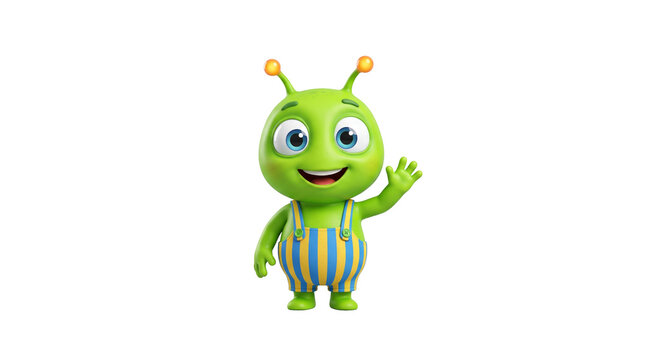 A cute, friendly green alien character with big blue eyes and blue yellow striped overalls, waving hello. A playful 3D mascot design for children&rsquo;s education or entertainment.