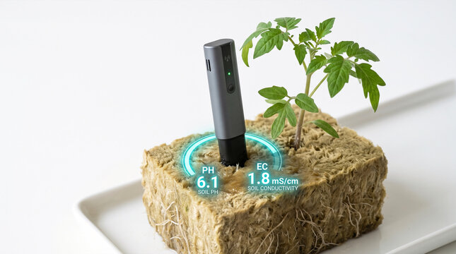Hydroponic seedling with soil sensor measuring pH and conductivity