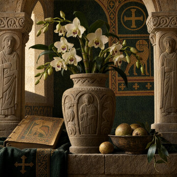 Orchids in carved stone vase with saint reliefs in arched church interior with mosaics, crosses, antique book and pomegranates