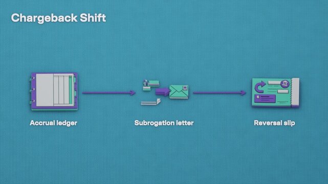 Accrual records the merchant's chargeback loss, a subrogation letter transfers recovery rights, and a reversal slip documents the refund adjustment for a later claim. Flat 3D style with English labels