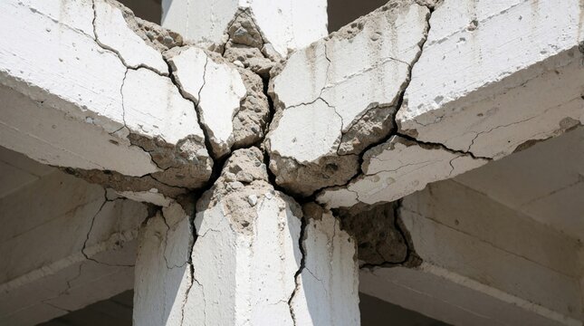 Damaged concrete column and beam junction shows significant structural cracks and spalling concrete. Building integrity is compromised, indicating failure risk and need for urgent repair assessment.