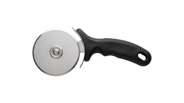 A professional kitchen pizza cutter featuring a stainless steel circular blade and an ergonomic black plastic handle for food preparation and culinary projects.