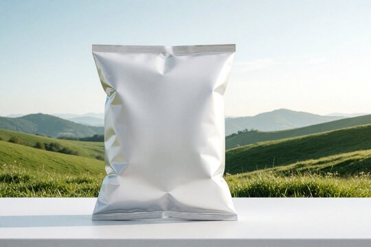 Blank silver foil snack package mockup on white table. Empty metallic chips bag stands against green hills, sunny landscape. Aluminum foil pouch for food branding potato crisps packaging design in