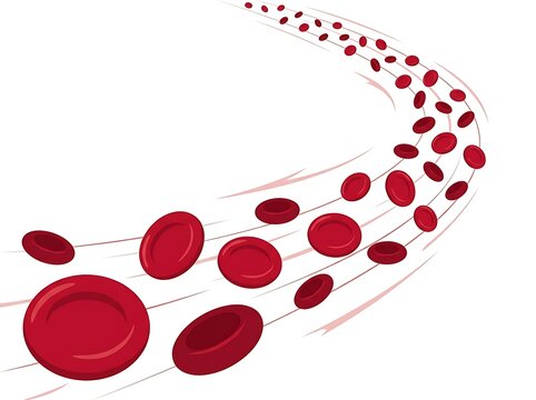 A stream of flowing red blood cells moving rapidly through a vessel shown in a scientific medical illustration