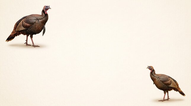 Two wild turkeys standing in opposite diagonal corners on a warm cream canvas background with wide copy space, minimal Thanksgiving autumn wildlife design top view.
