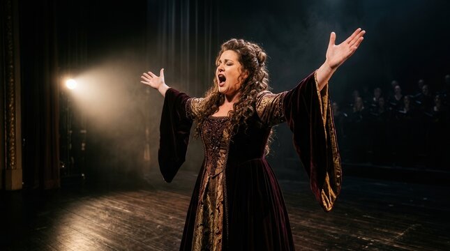 Dramatic Opera Singer Performing on Stage with Arms Raised.
