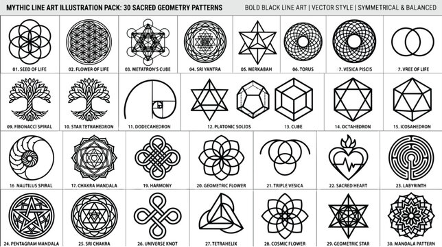 Sacred geometry patterns set, 30 mythic line art illustrations. Black spiritual symbols and mystical geometric shapes. Vector alchemy icons.