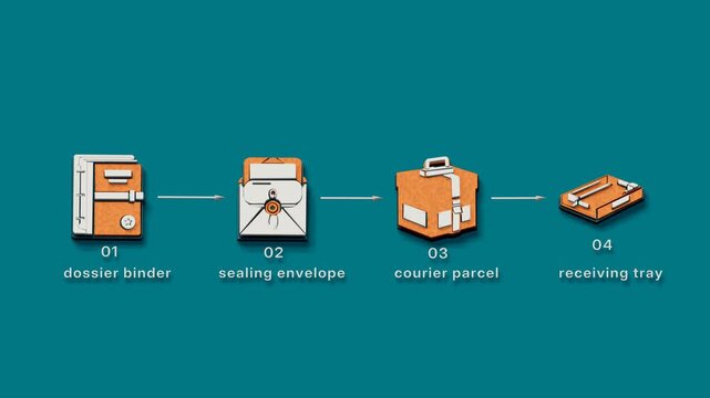 Dossier submission proceeds through sealing, courier delivery and regulator receipt before the completed records enter the archive. Flat 3D style with smooth matte surfaces; objects numbered and