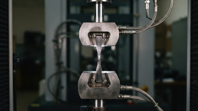 Tensile test specimen clamped in a universal testing machine with steel jaws and force cables