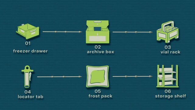 Completed samples are packed, placed in freezer storage and indexed for long-term retention, with the workflow arranged in two rows. Flat 3D style with smooth matte surfaces; objects numbered and
