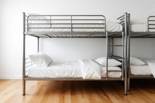 Metal bunk beds with white bedding, pillows on wooden floor. Modern hostel room student dorm with minimal furniture. Empty twin beds ready for guests in clean apartment. Simple interior design for