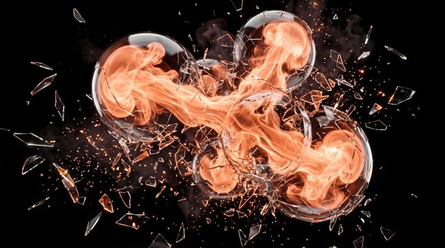 Explosion of shattered glass fragments with swirling orange fiery smoke broken glass dynamic explosion destructive force fire explosi