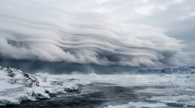 Layered stratus clouds above a frozen coastline with dark water and blowing spindrift in a cold winter seascape.